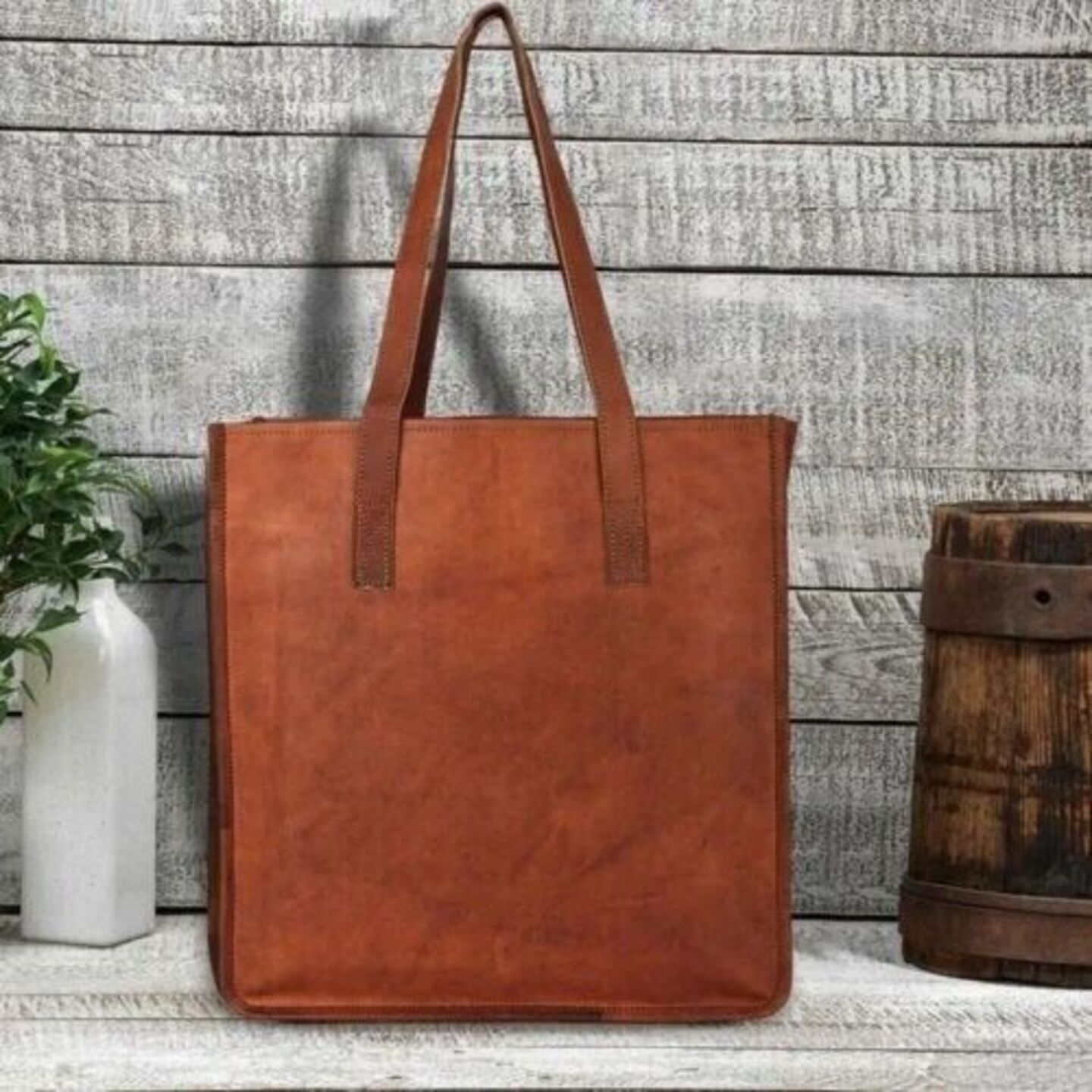Large Goat 14 BY 14 Inch Leather Shoulder Bag Tote Shopping Brown Women's