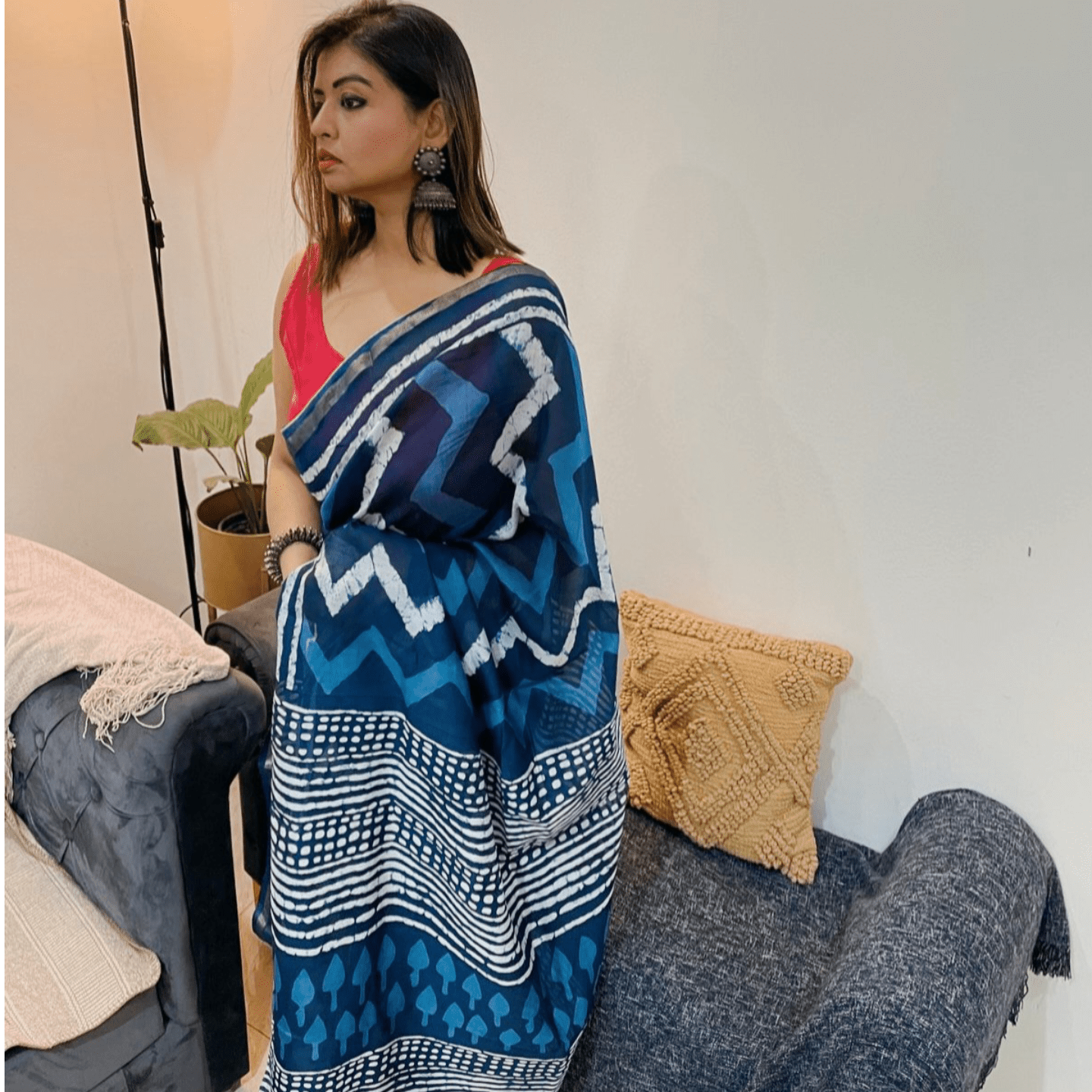 Chanderi Cotton Silk Zigzag Indigo