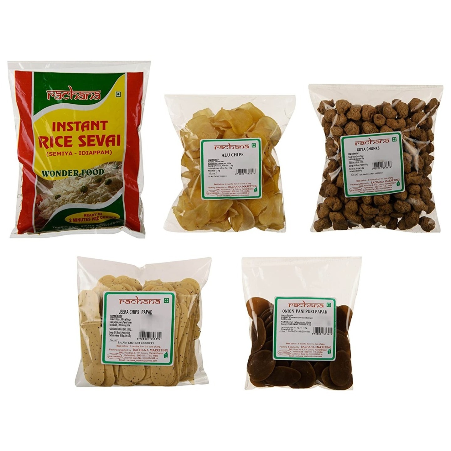 Rachana Rice Sevai (Idiappam), Soya Chunks, Jeera Chips, Alu Chips & Onion Pani Puri Papad , 1 Kg (Combo of 5)