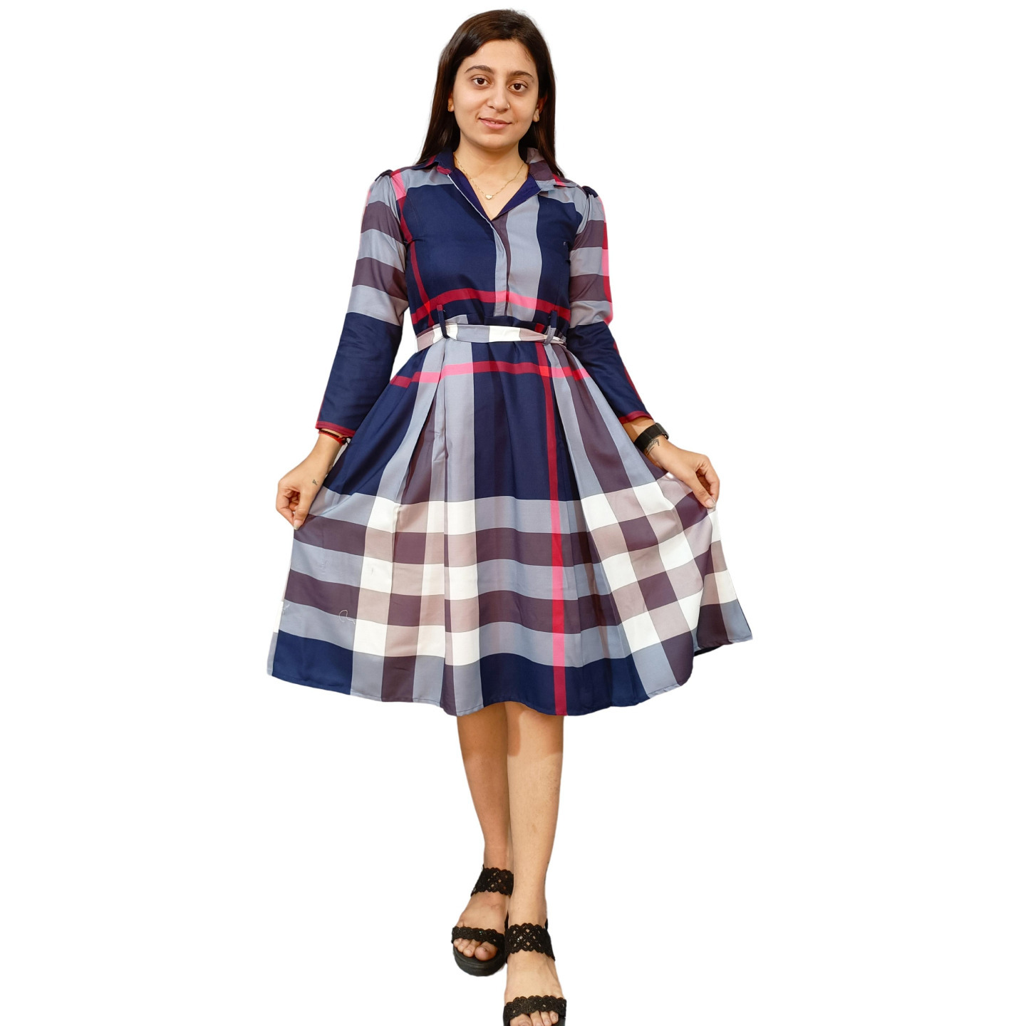 Wowsome Wish Fit & Flared Printed Multi Check Dress