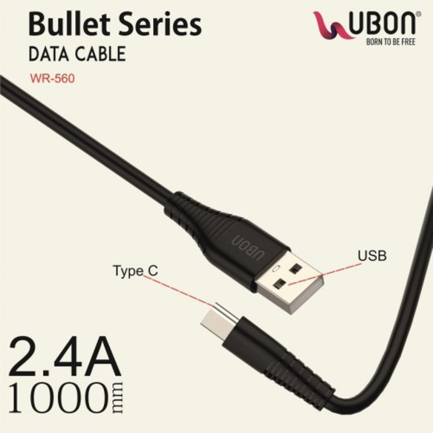 Ubon WR 560 2.4A fast Charge Type C Data Cable With 6 months warranty