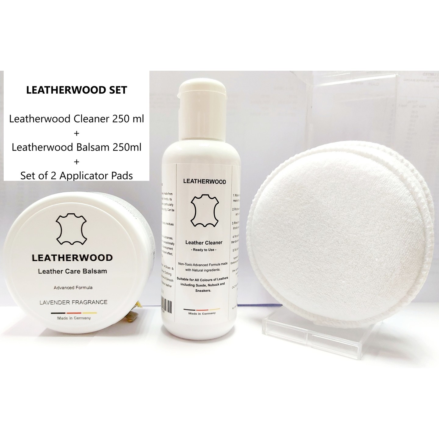 Leatherwood Leather Care Set  Cleaner + Balsam  + 2 Applicator Pads Set
