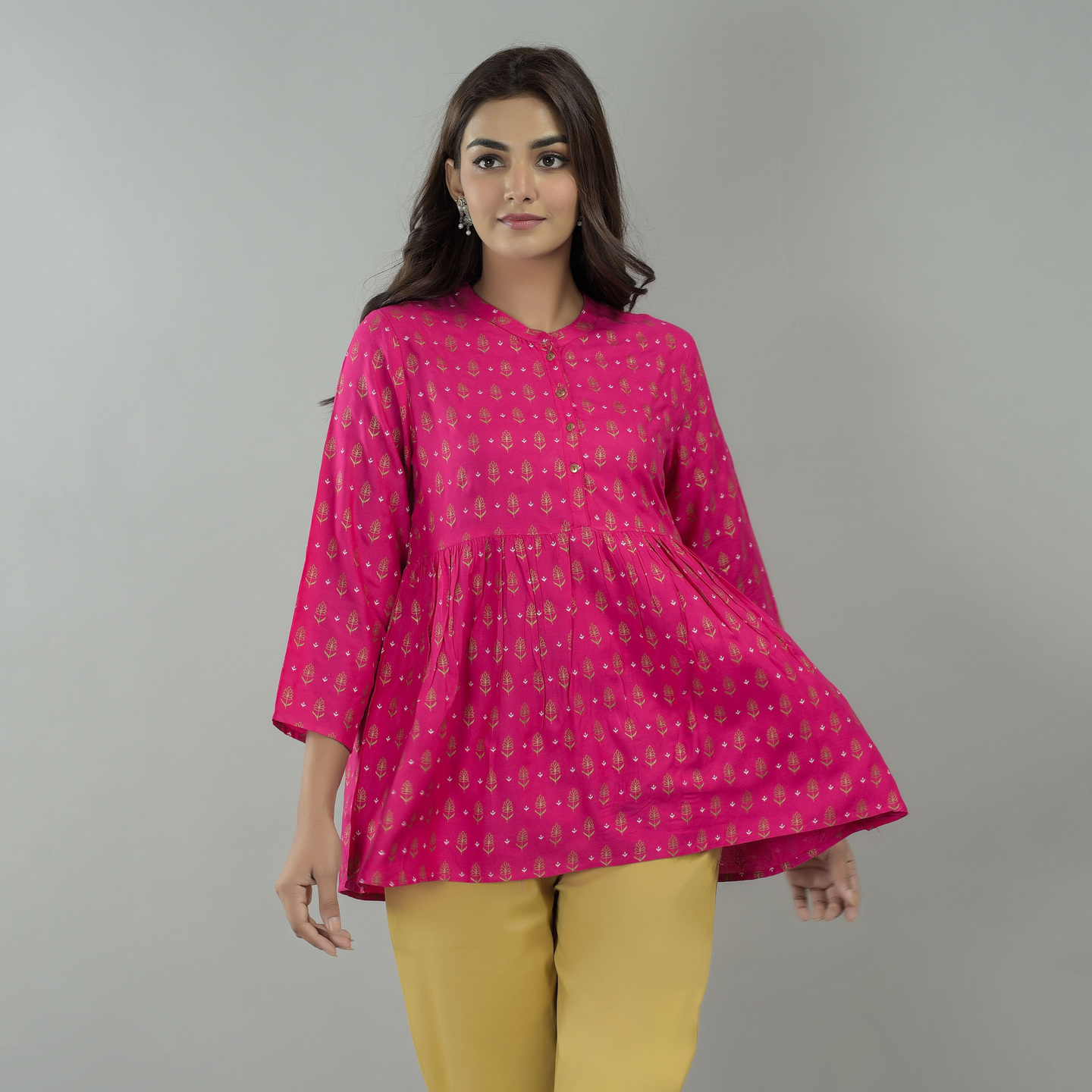 Fuchsia Rayon and Gold Printed Gathered Top