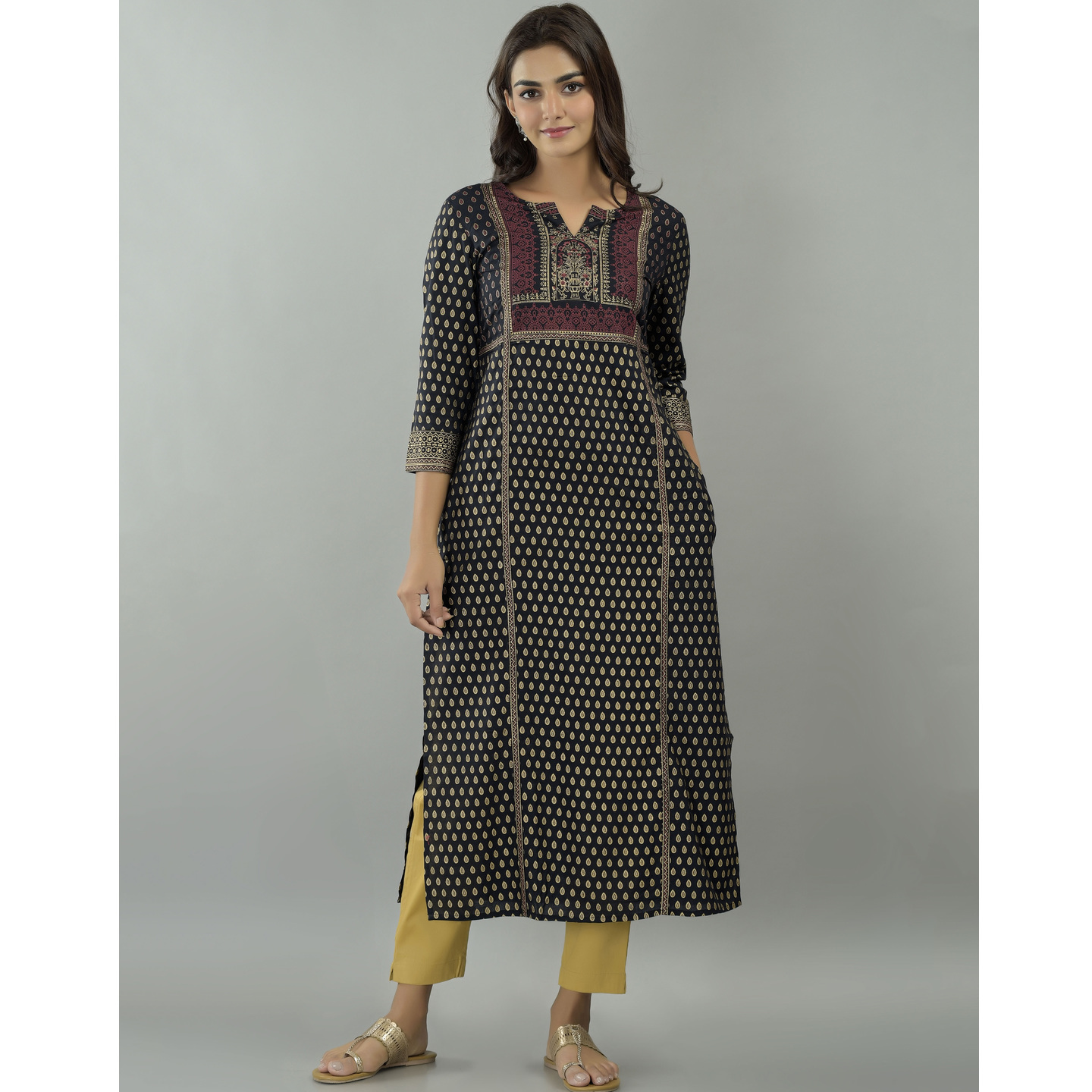 Black Gold Printed Rayon Kurta