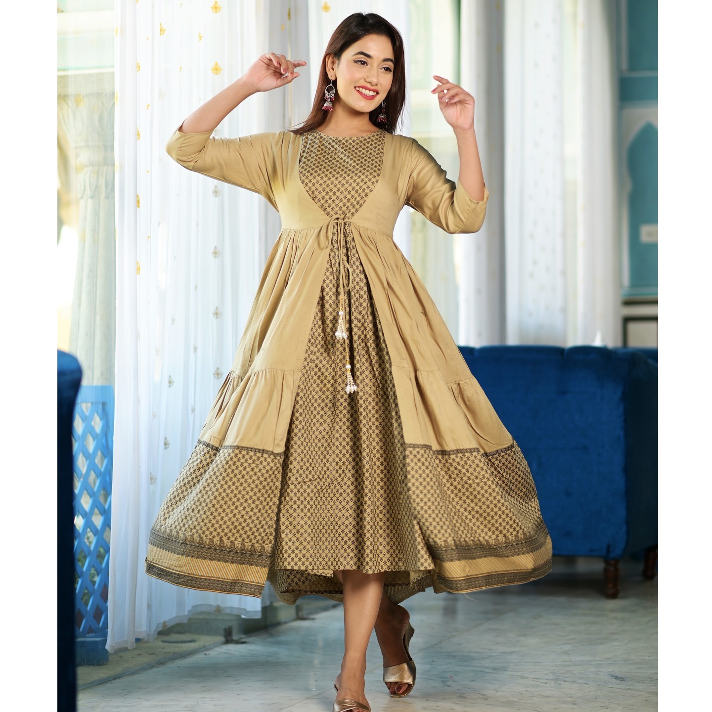 Beige Tiered Beautiful Long Kurta Dress