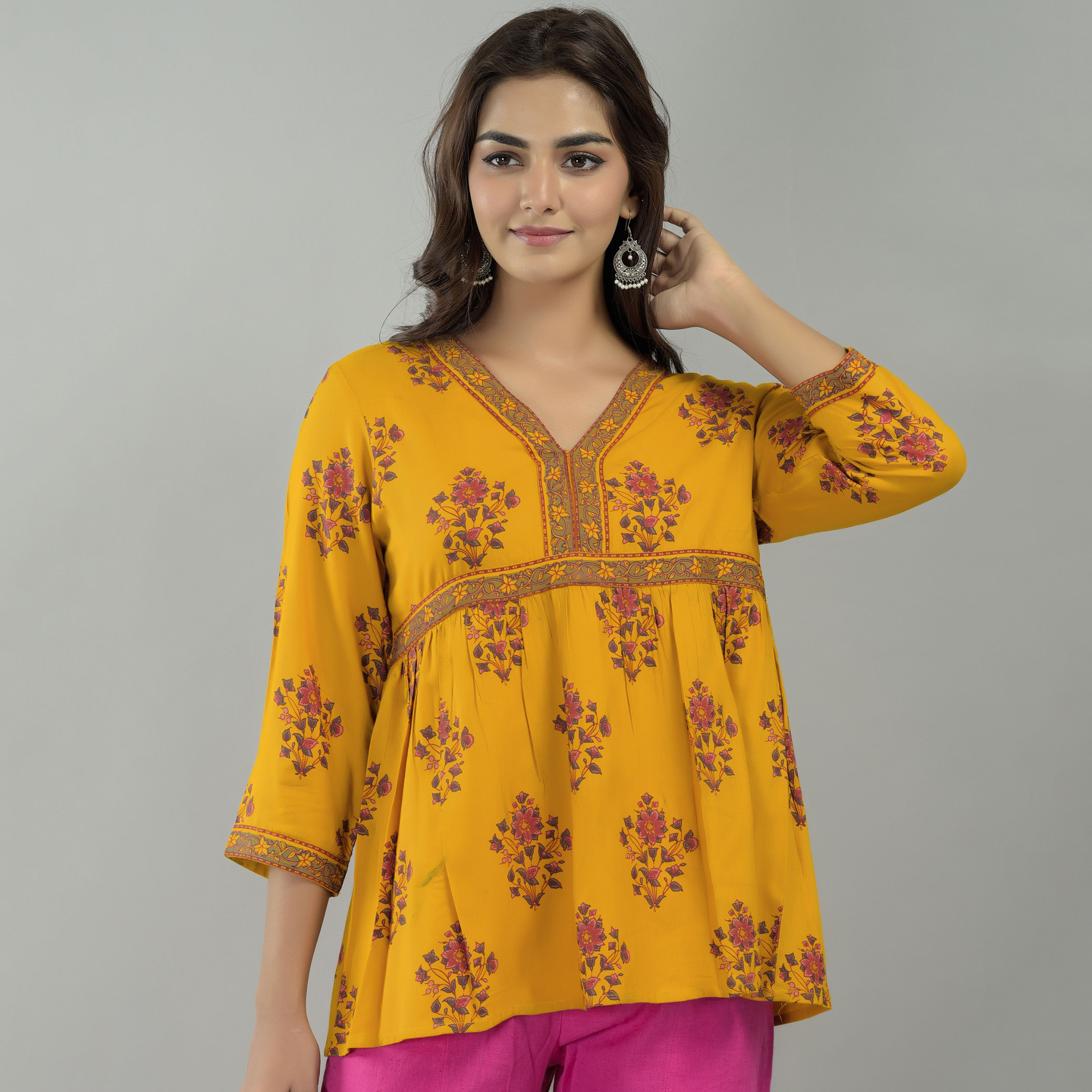 Mustard Printed Rayon and Gathered Top