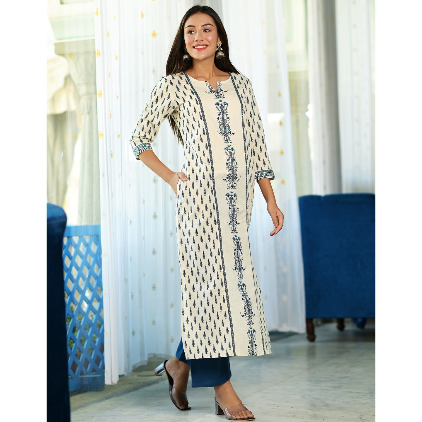 Off White Long Straight Kurta, Office Wear, Pure Cotton - Look Slim - Elegant Prints with Latest Design