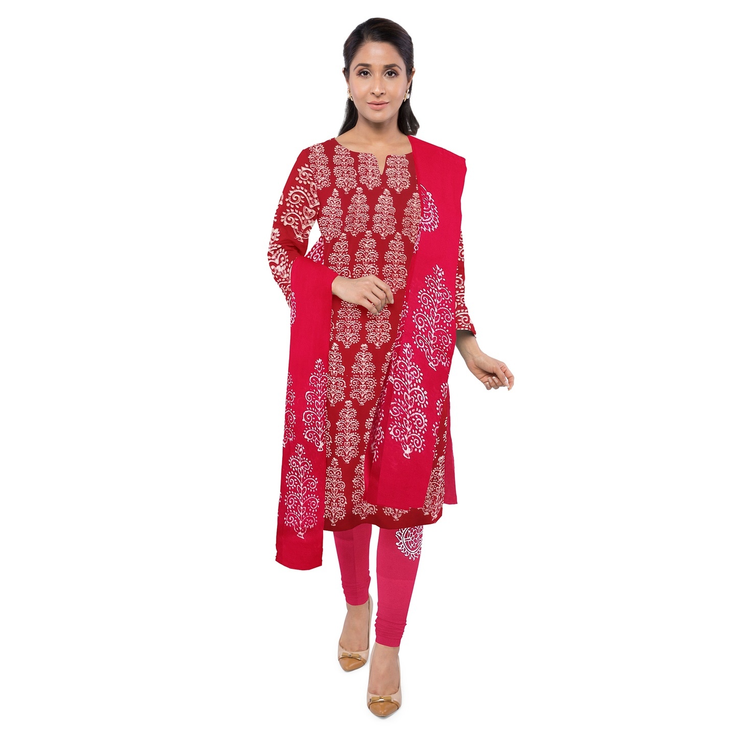 Batik Print Unstitched Salwar Suit Dress Material with Chiffon Chunni बाटिक परिंट सलवार सूट