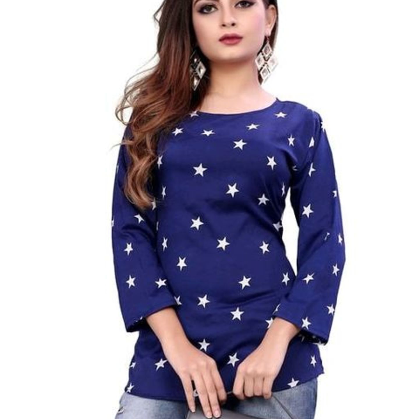 Stylish Women's Printed Blue Crepe Top 