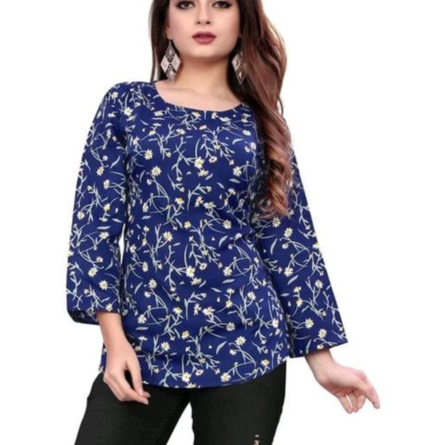 Stylish Women's Printed Crepe Blue Top