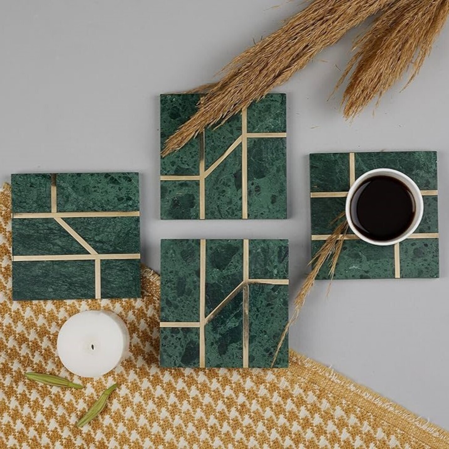 Green Marble Coaster with Brass Inlay