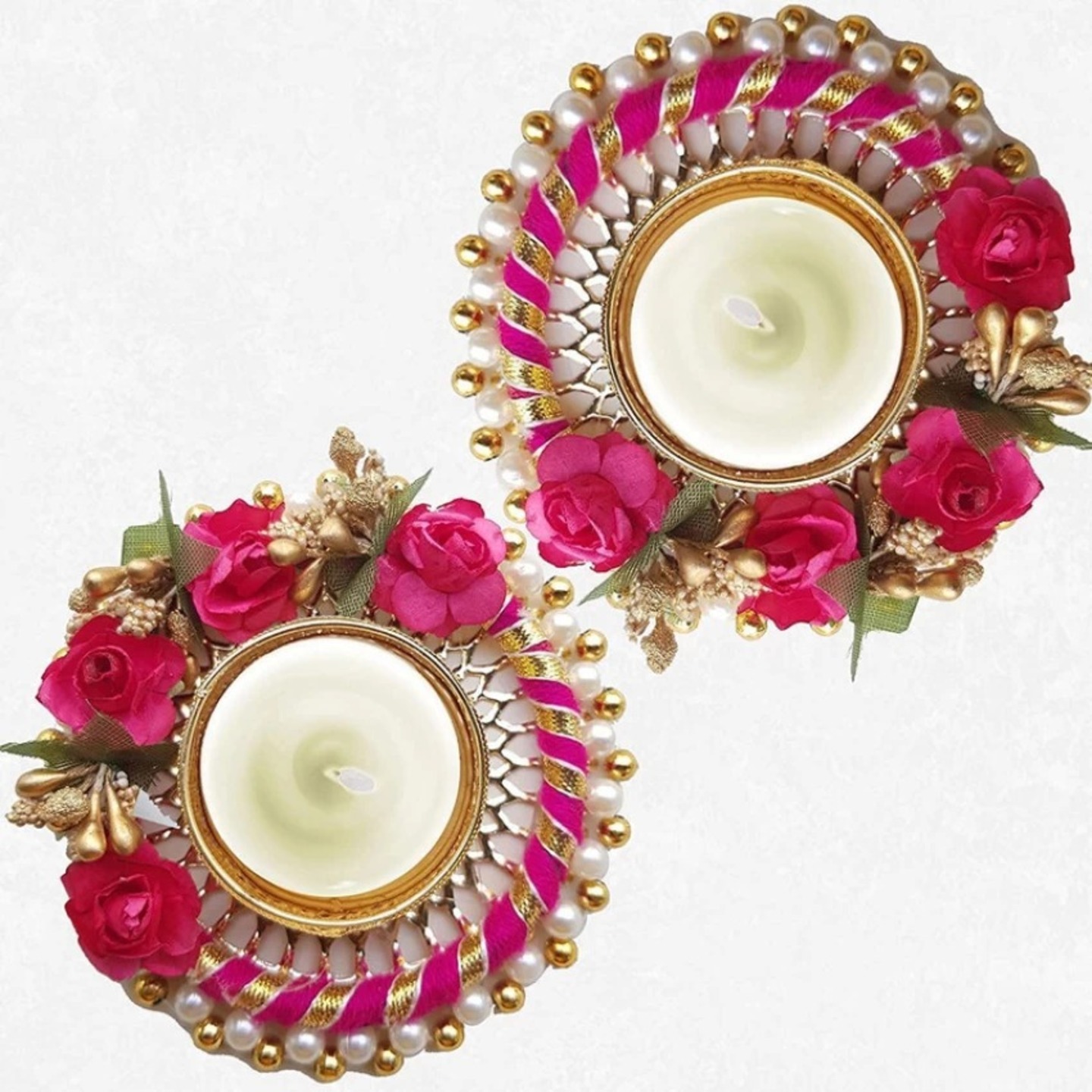 Round Candle Holder with flowers PINK