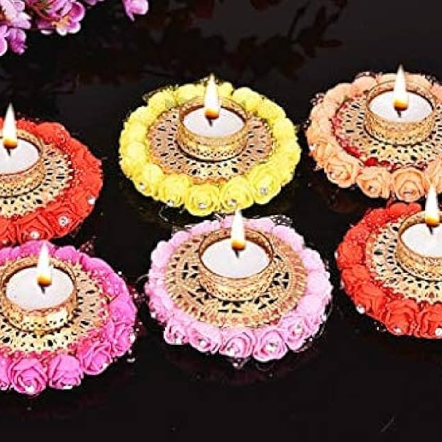 Decorative Round Candle Holder with Flowers