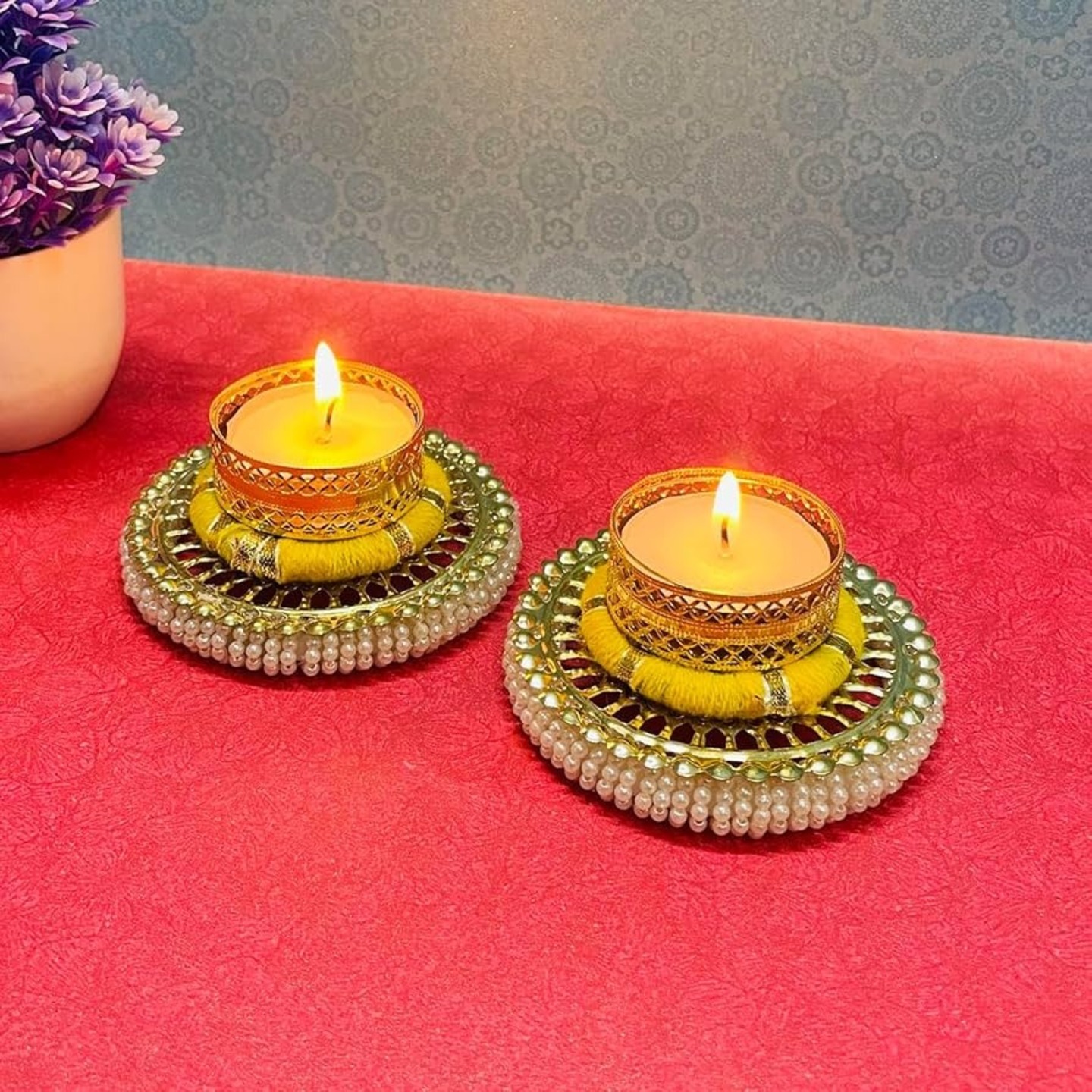 Round Candle Holder YELLOW AND WHITE