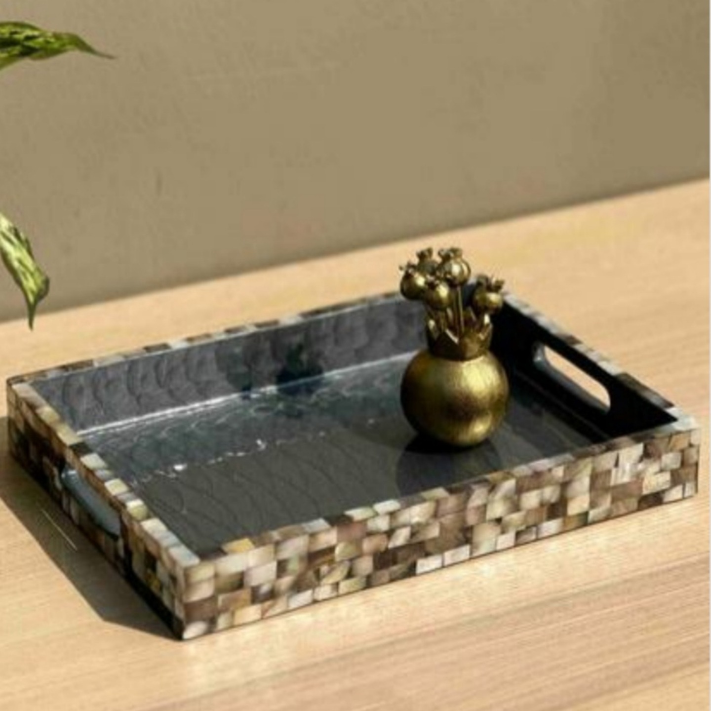 Black Rectangular MOP Inlay Tray with Enamel