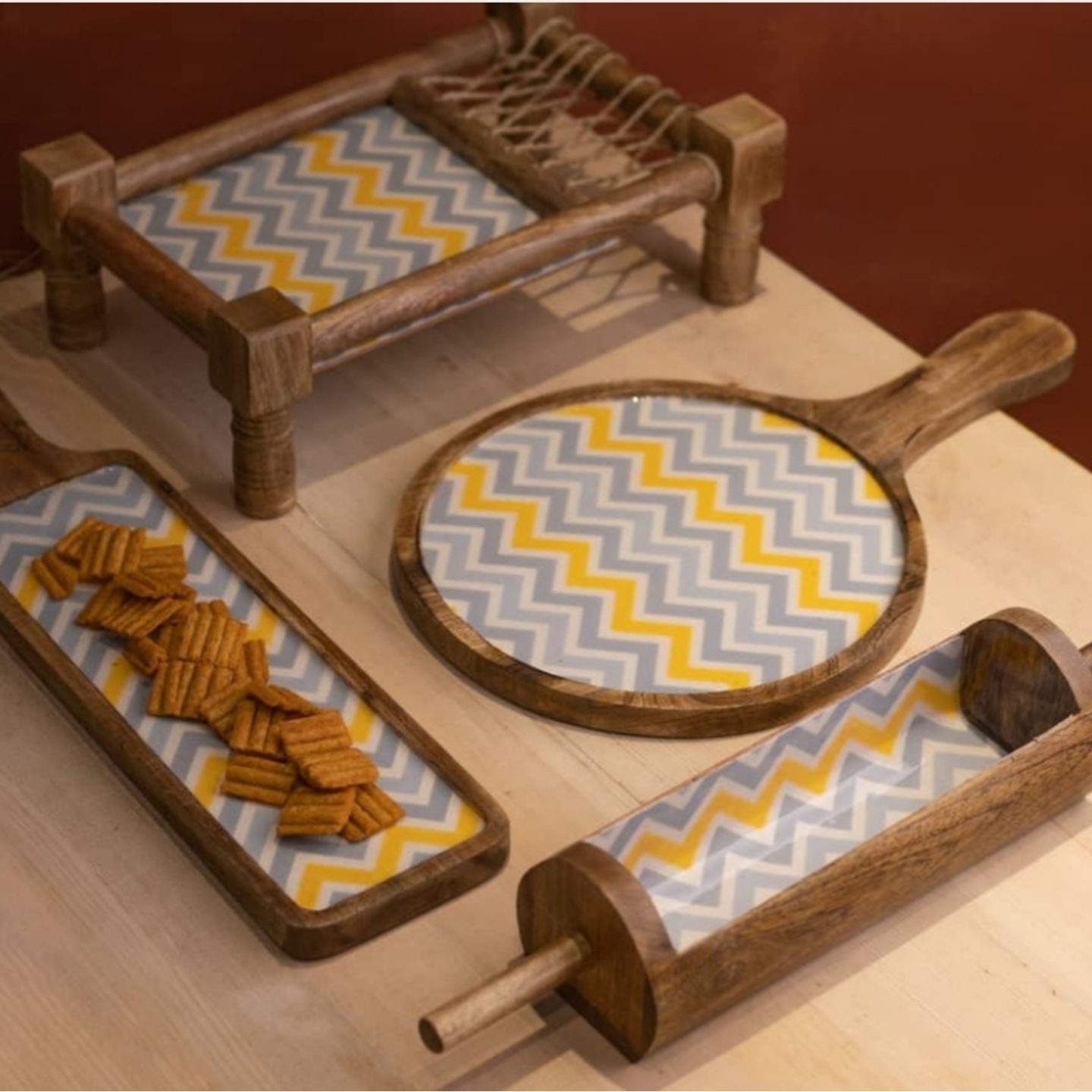 Wooden Printed Khaat Platter Set of 4