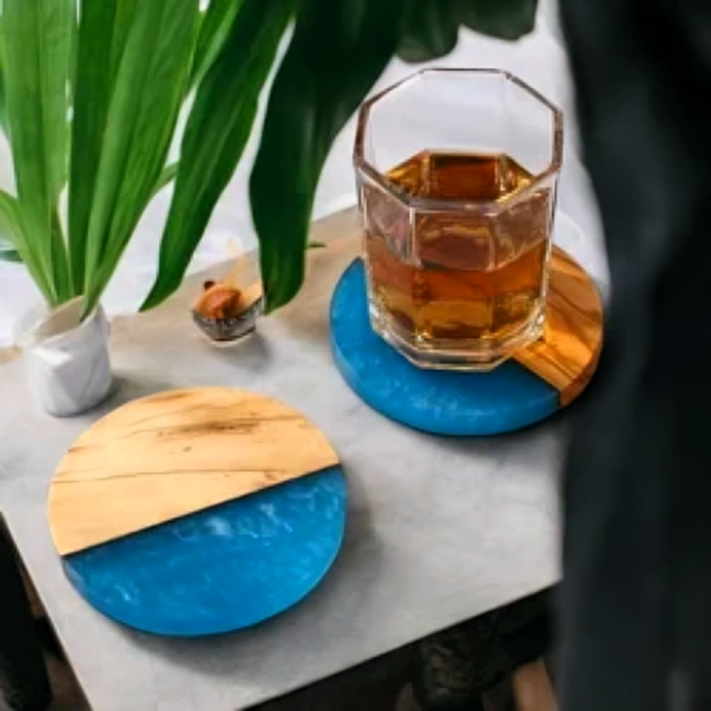 Round Blue Wood-Resin Coaster