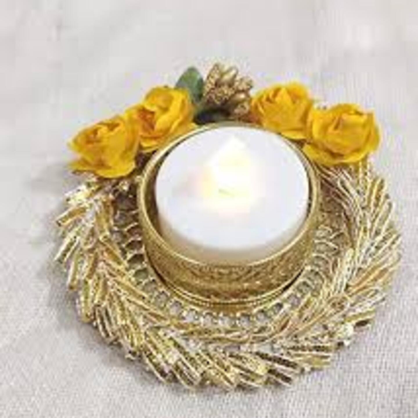 Decorative Round Candle Holder with flowers GOLDEN