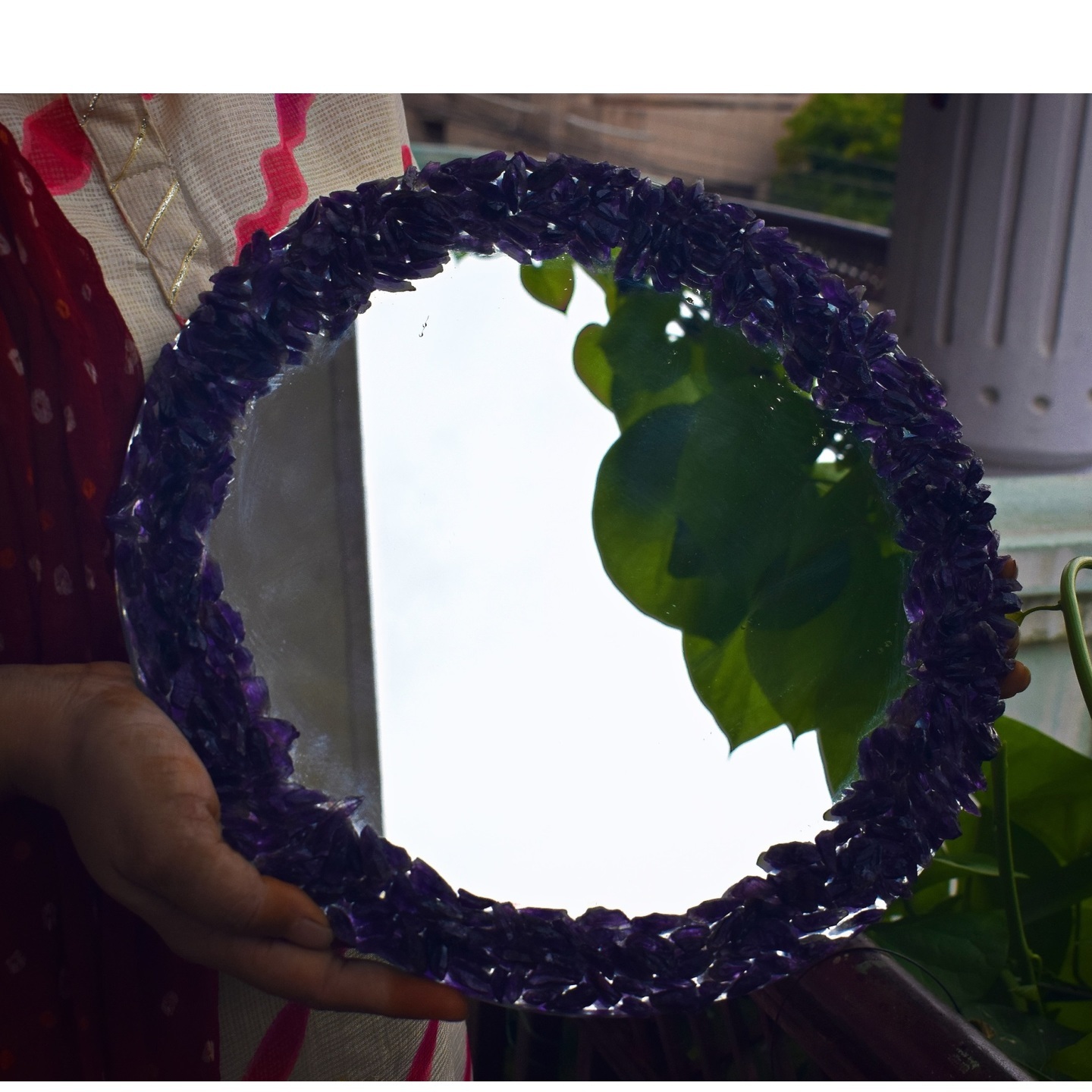Wall hanging mirror with healing crystals