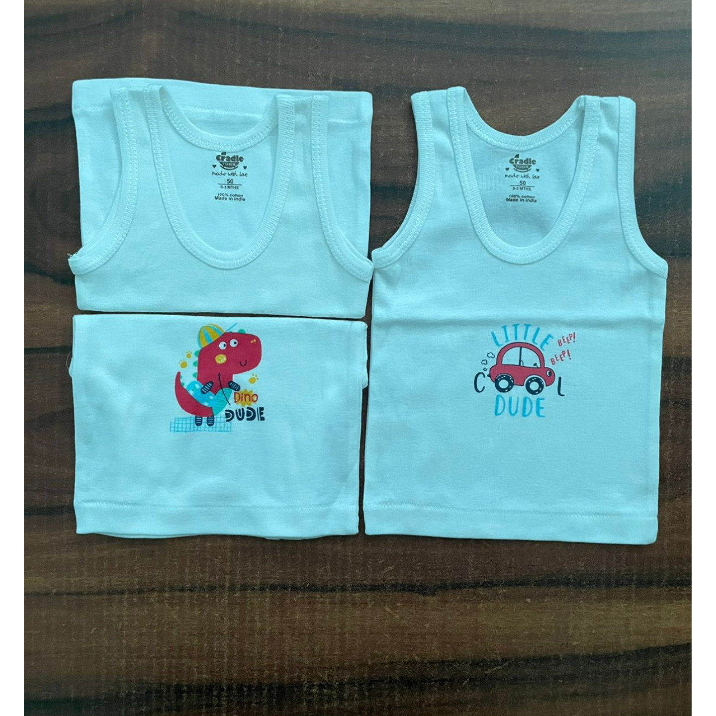 Newborn Infant Cradle Togs New Born Vests Pack of 3 White Cartoon