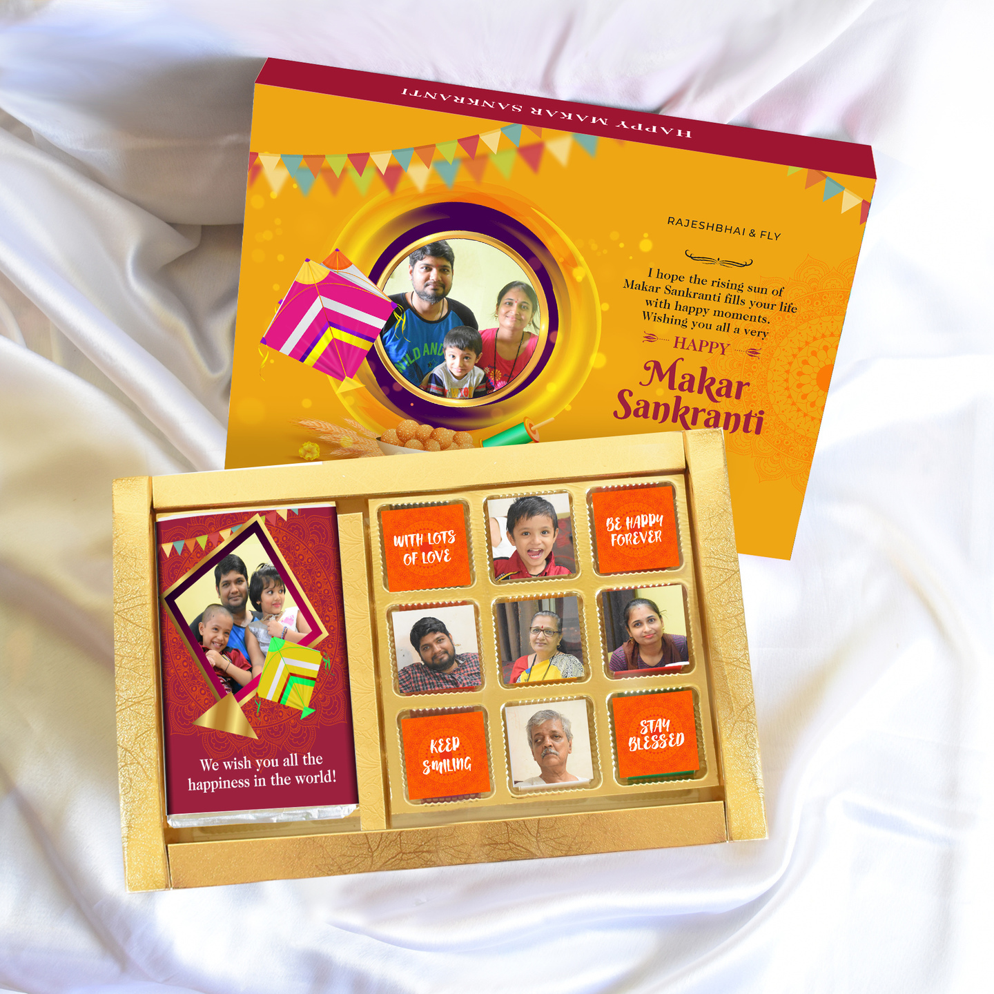 Makar Sankranti Gift Box, Personalized Assorted Chocolate 1 Bar + 9 Cubes