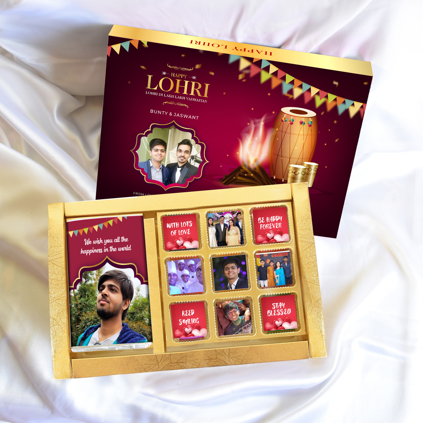 Lohri Gift Box, Personalized Assorted Chocolate 1 Bar + 9 Cubes