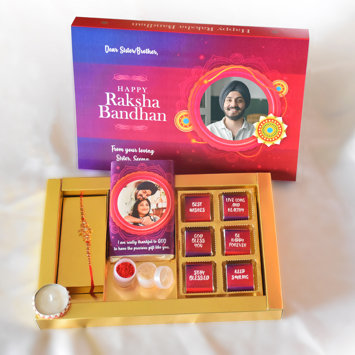 Raksha Bandhan Gift Box for Brother, Personalized Assorted Chocolate Rakhee, Diya, Kumkum, Chawal + 1 Bars + 6 Cubes