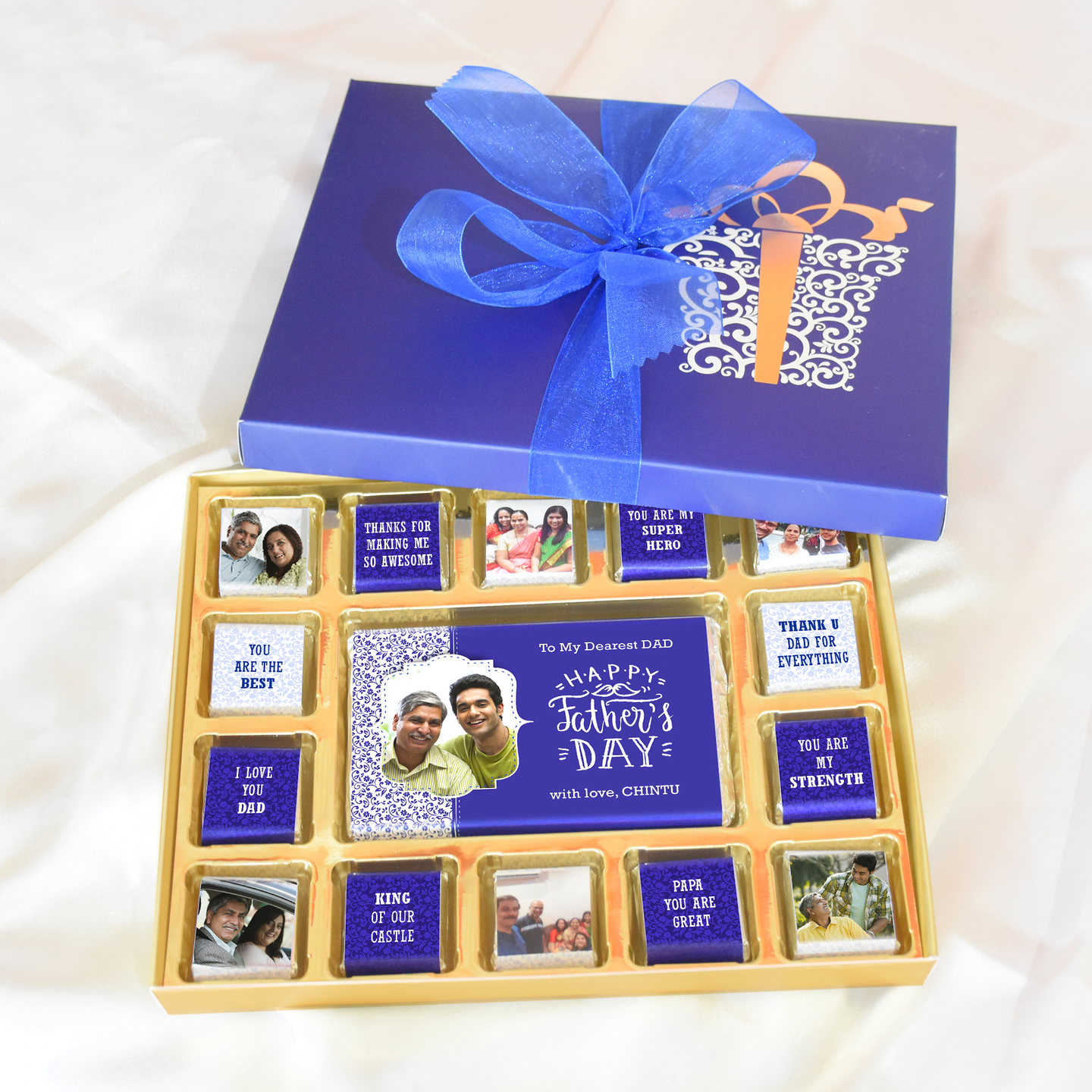 Fathers Day Blue Gift Box, Personalized Assorted Chocolate 1 Bar + 14 Cubes