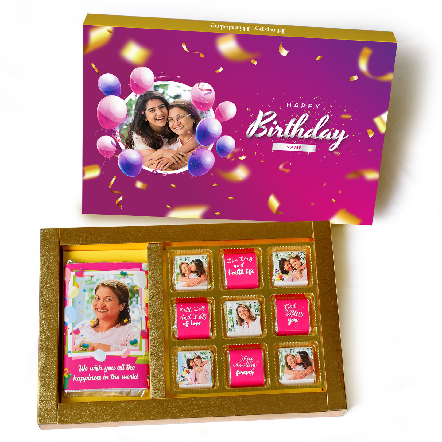Birthday Gift Box, Personalized Assorted Chocolate 1 Bar + 9 Cubes
