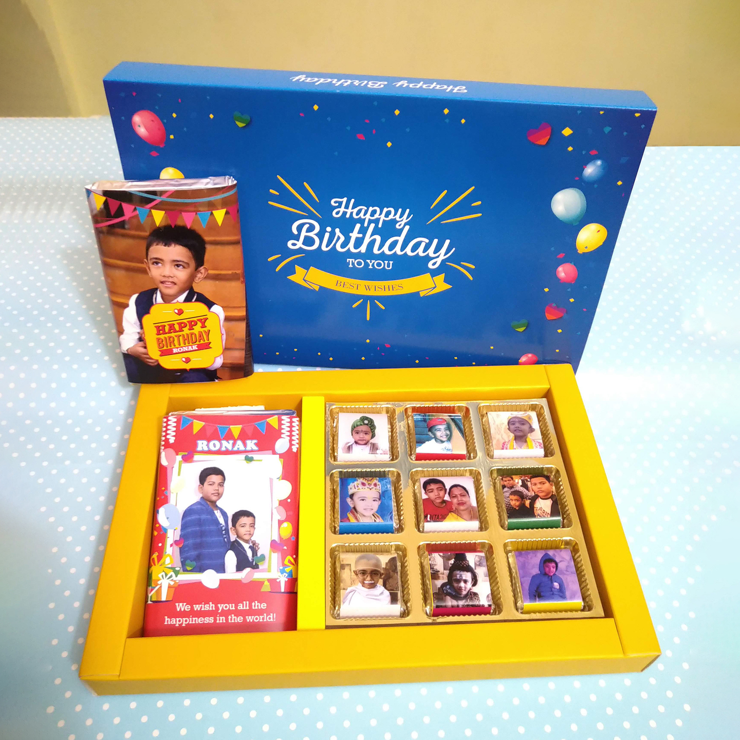 Birthday Gift Blue Box, Personalized Assorted Chocolate (2 Bars + 9 Cubes)