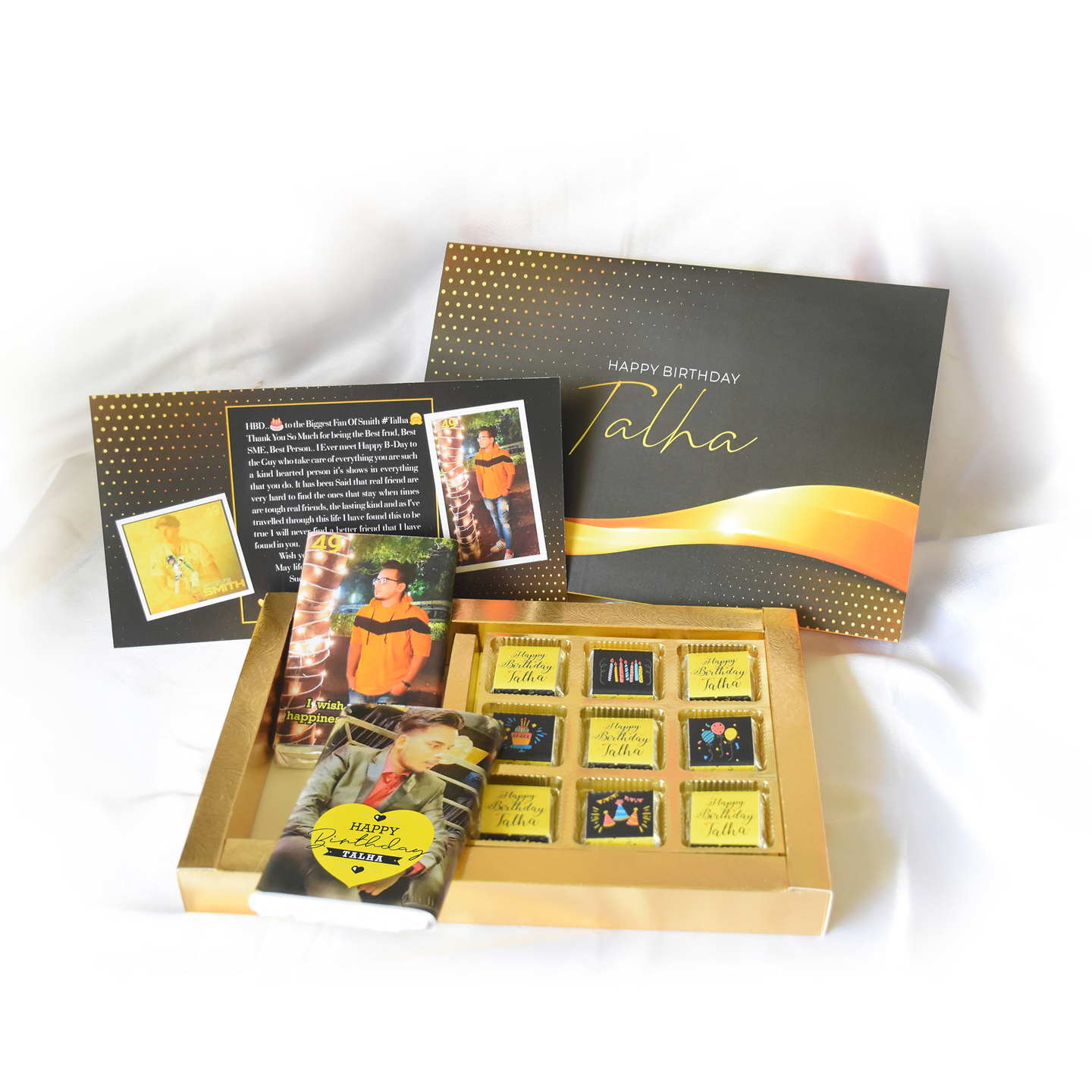 Birthday Gift Box, Personalized Assorted Chocolate 2 Bars + 9 Cubes + Greeting Card