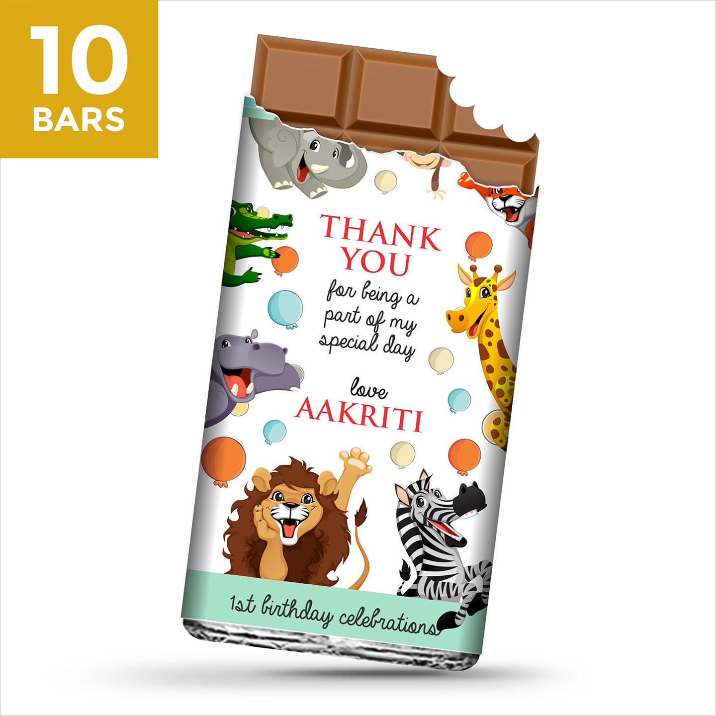 Birthday Return Gifts, Animals Theme Personalize Chocolates -10 Bars