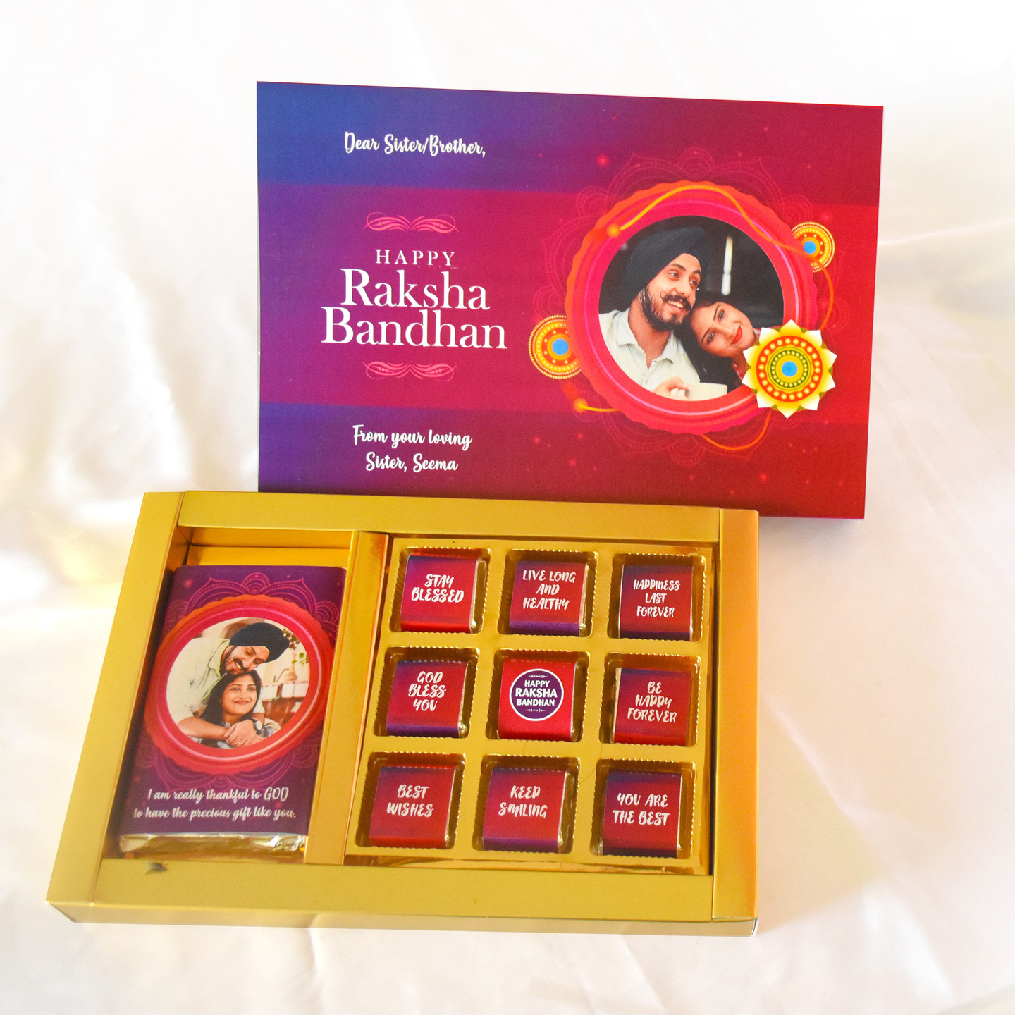 Raksha Bandhan Personalized Gift Box,1 Bar + 9 Cubes Assorted Chocolate