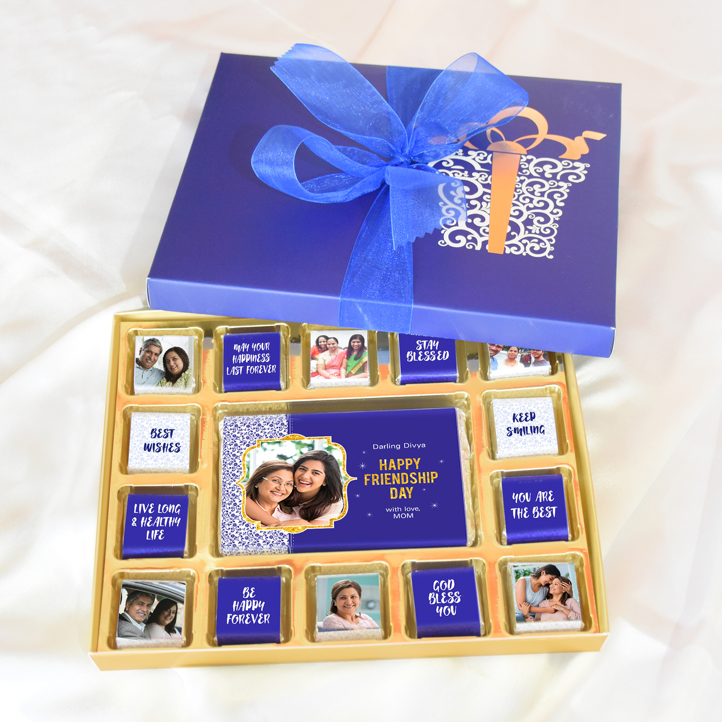 Friendship Day Blue Gift Box, Personalized Assorted Chocolate (1 Bar + 14 Cubes)