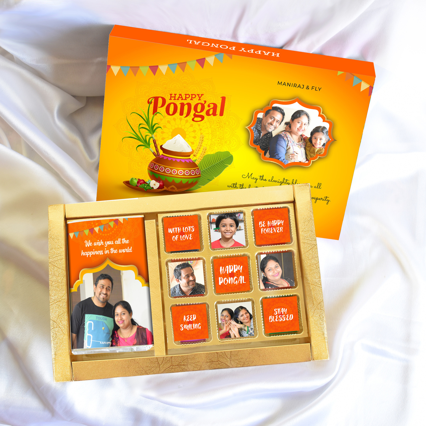 Pongal Gift Box, Personalized Assorted Chocolate 1 Bar + 9 Cubes
