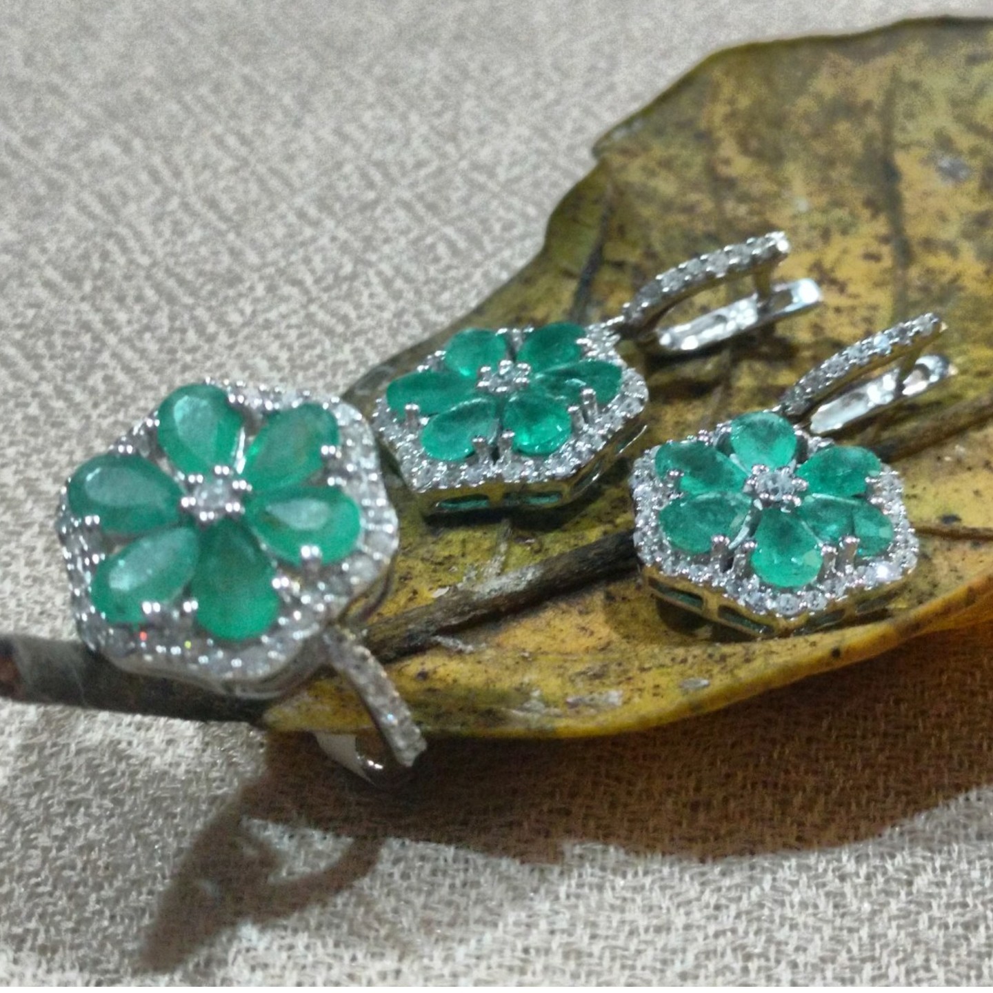 Emerald Ring Earing Set Sterling Silver 