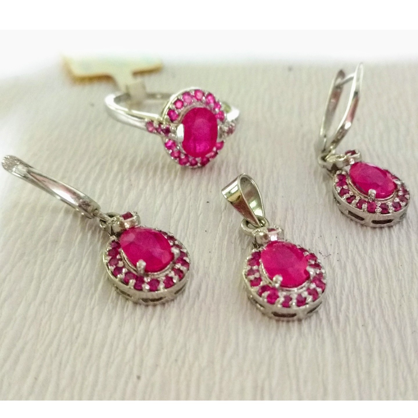 Ruby Ring Pendent Earing Set Silver