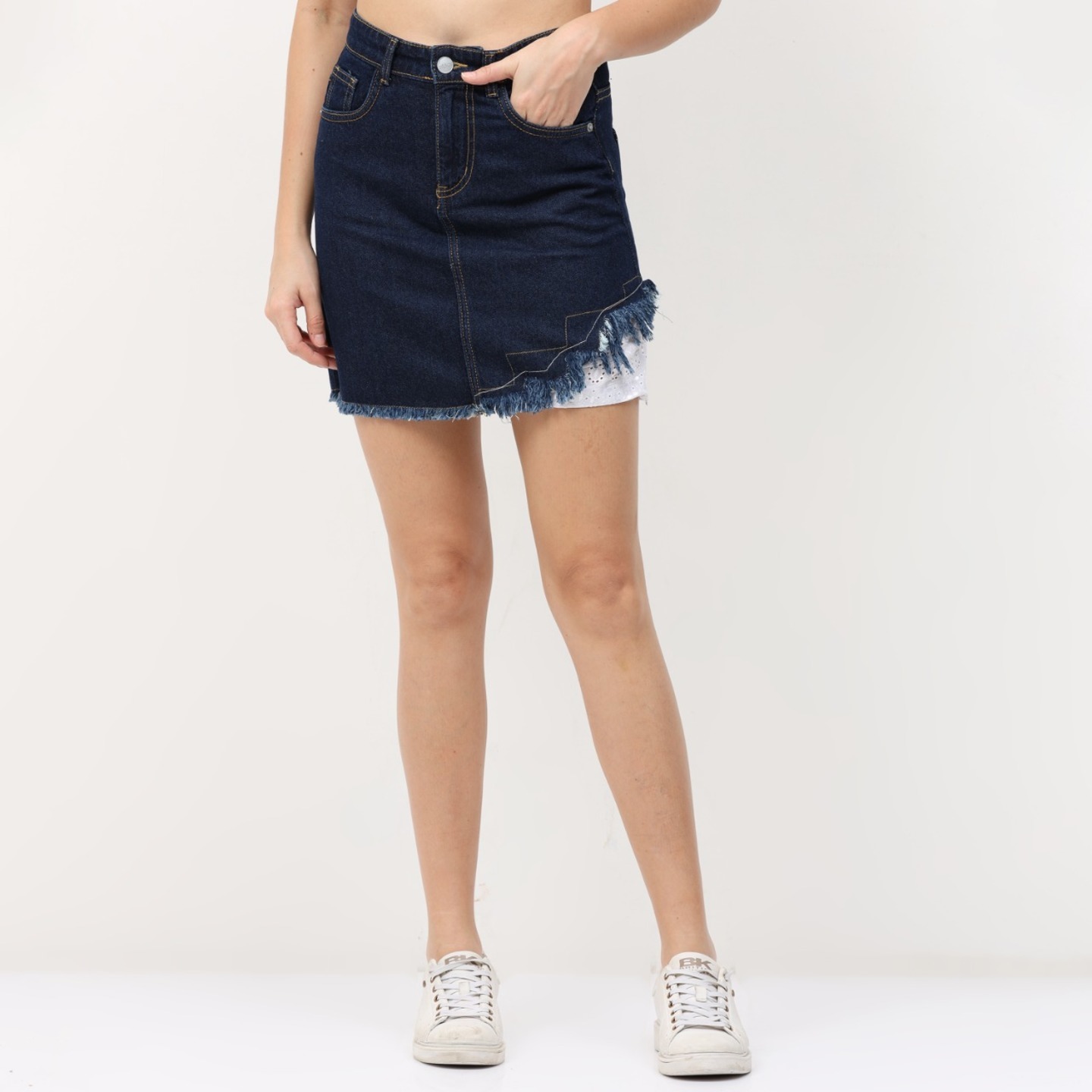 Dark Blue High-Rise Skirt With Lace