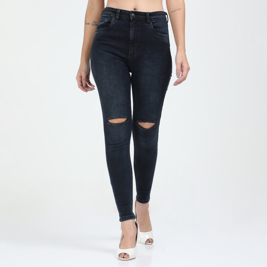 Dark Blue Knee Cut- High Rise