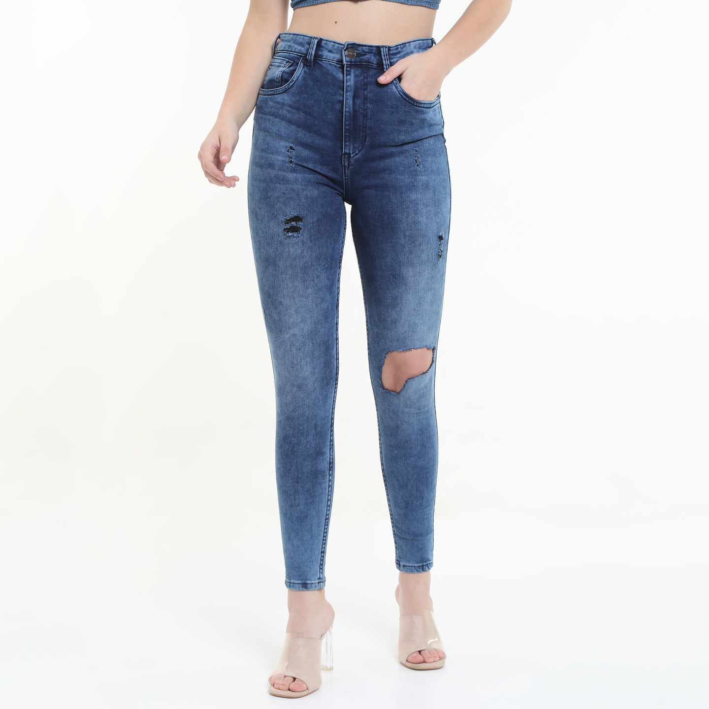 Blue Super Skinny High-Rise Distressed Jeans