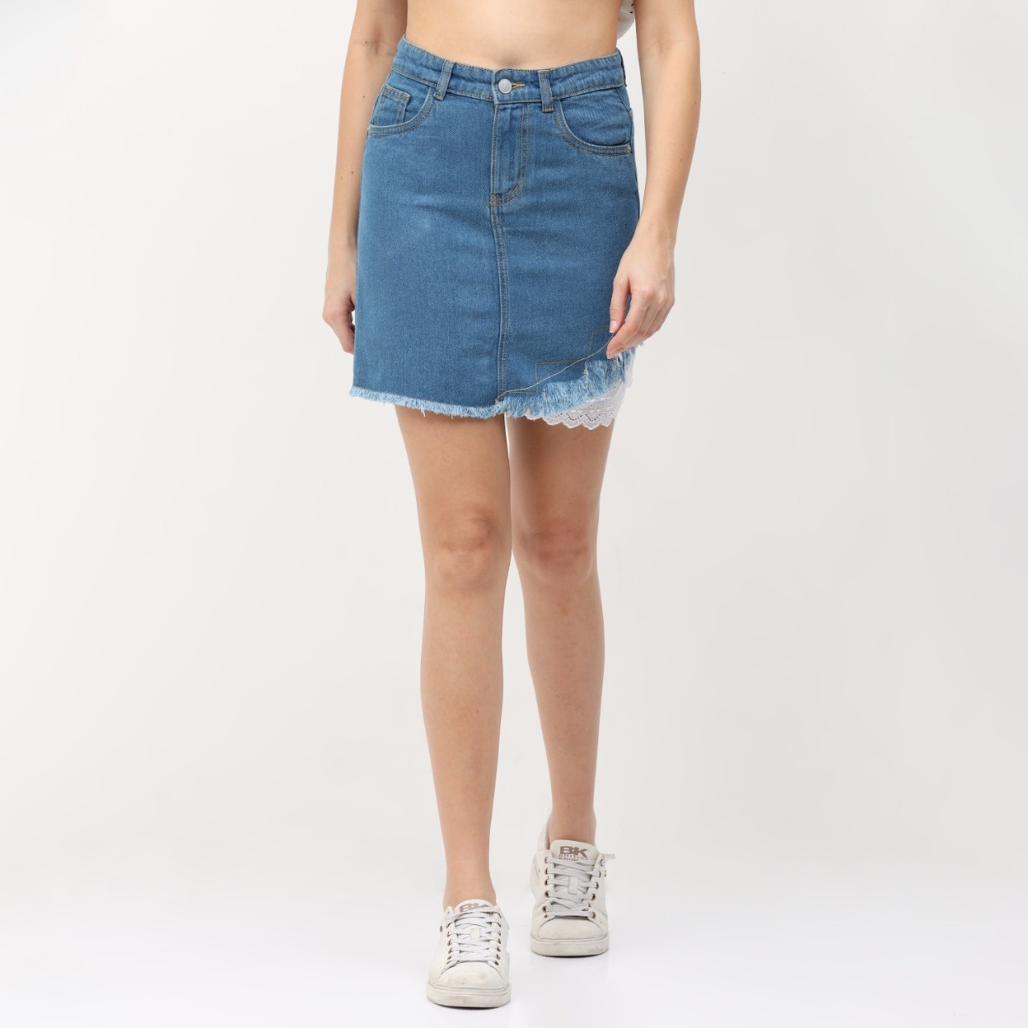 Blue High-Rise Skirt With Lace