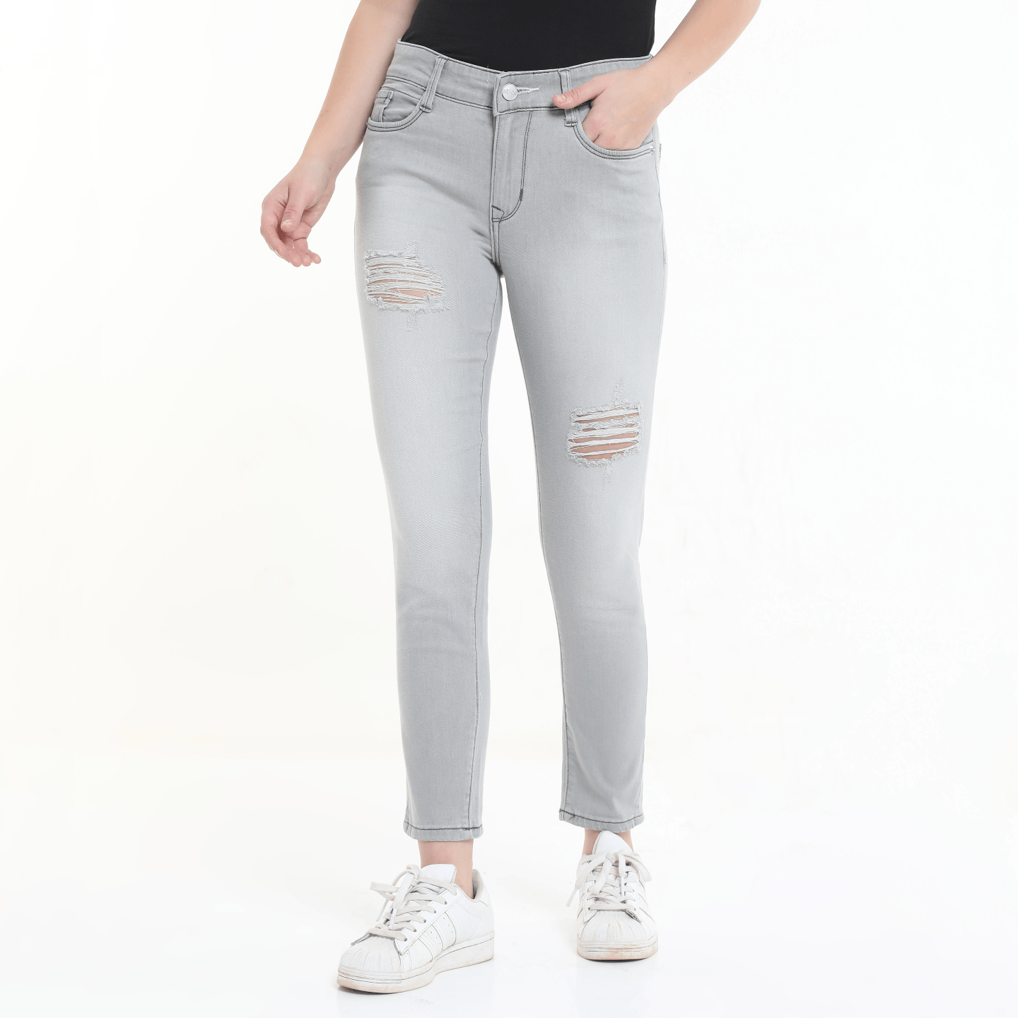 Grey Distressed Skinny Mid-Rise Fit