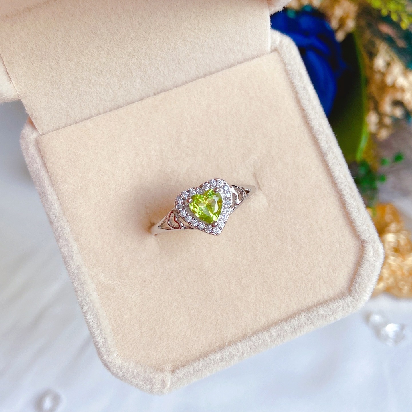 Peridot Heart Halo Ring
