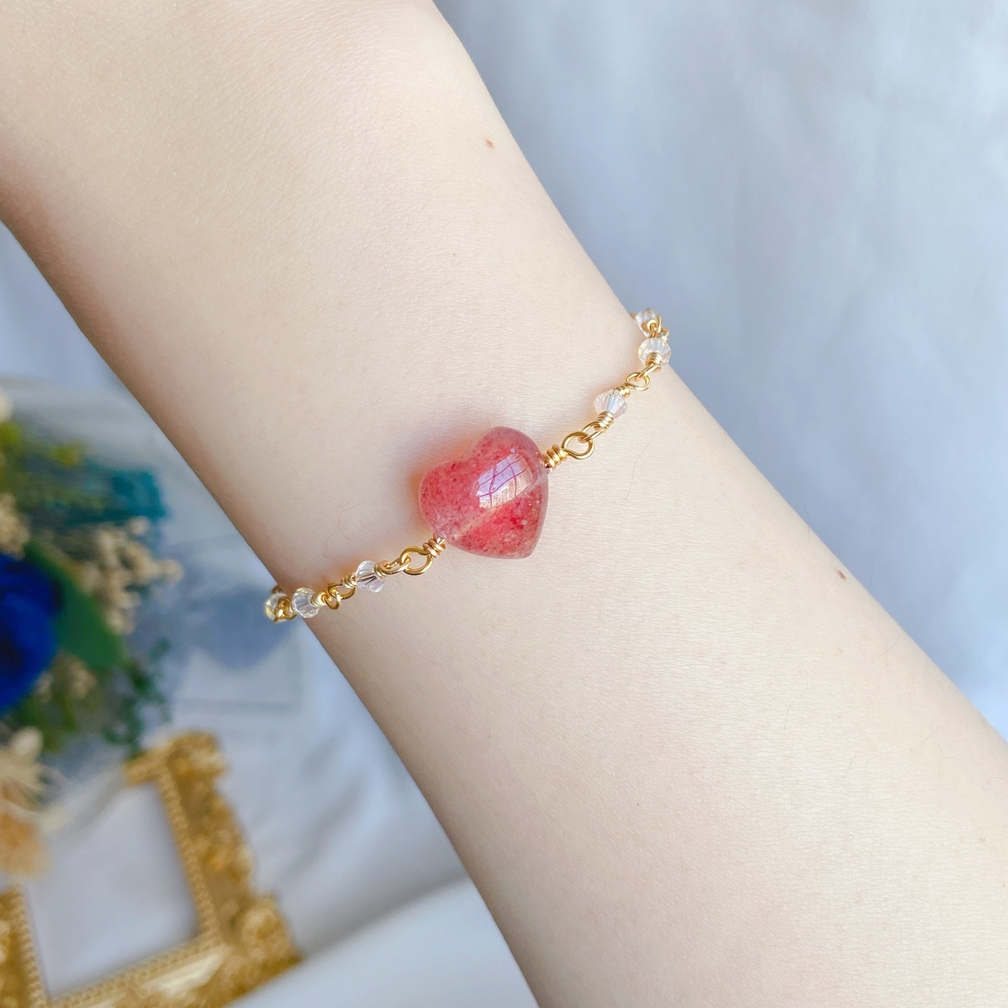 Strawberry Quartz Heart + Swarovski Crystals