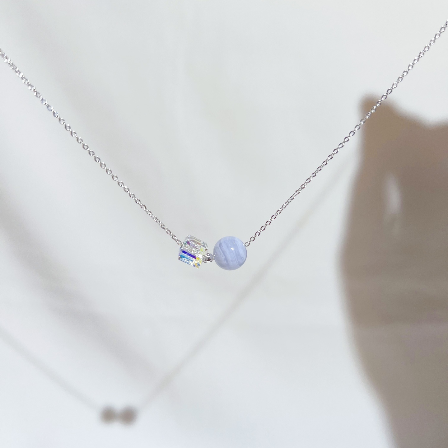 Blue Lace Agate + Iridescent Crystal Cube Necklace