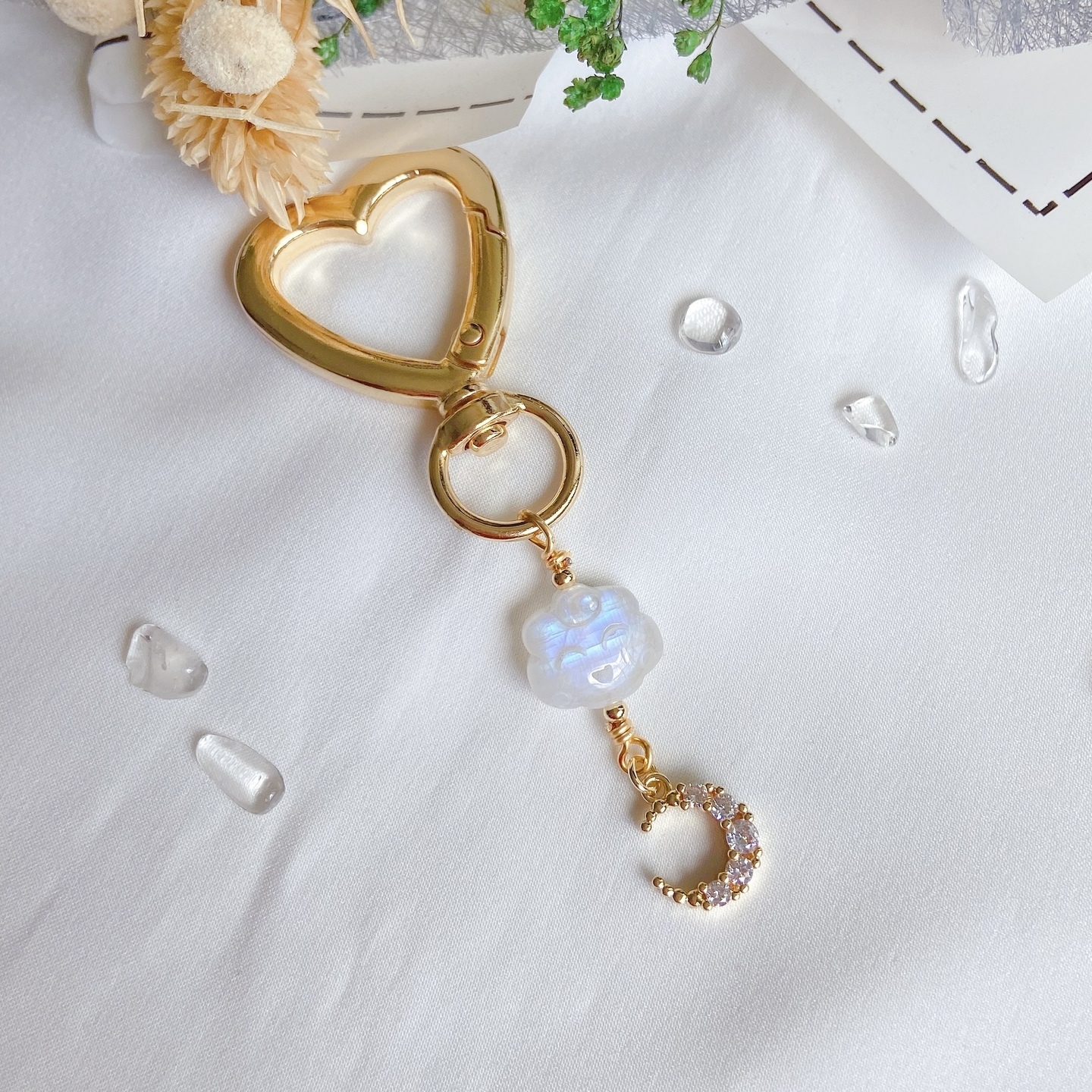 Moonstone Cloud + Moon Charm Heart Keyring