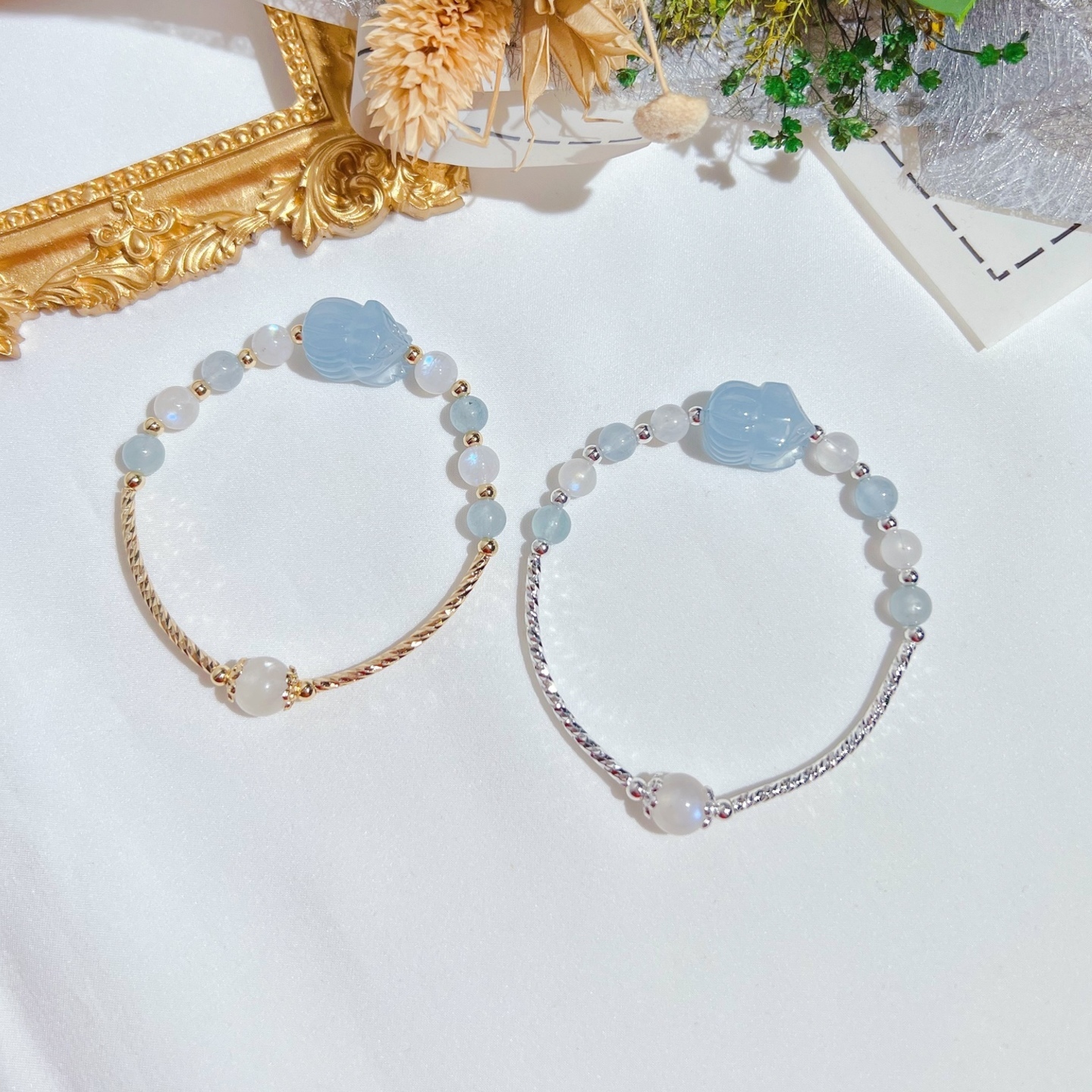 Aquamarine Nine Tail Fox + Moonstone + Aquamarine