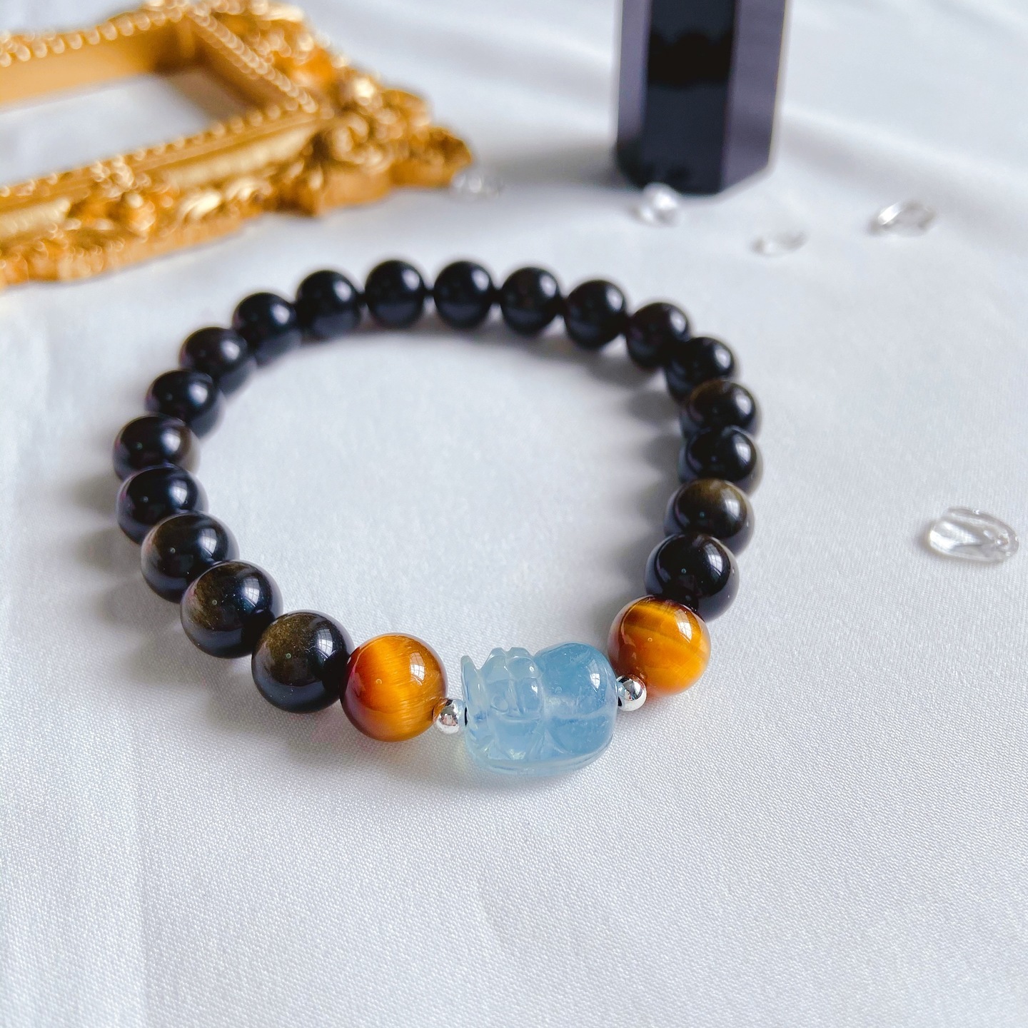 Aquamarine Pixiu + Tigers Eye + Golden Obsidian