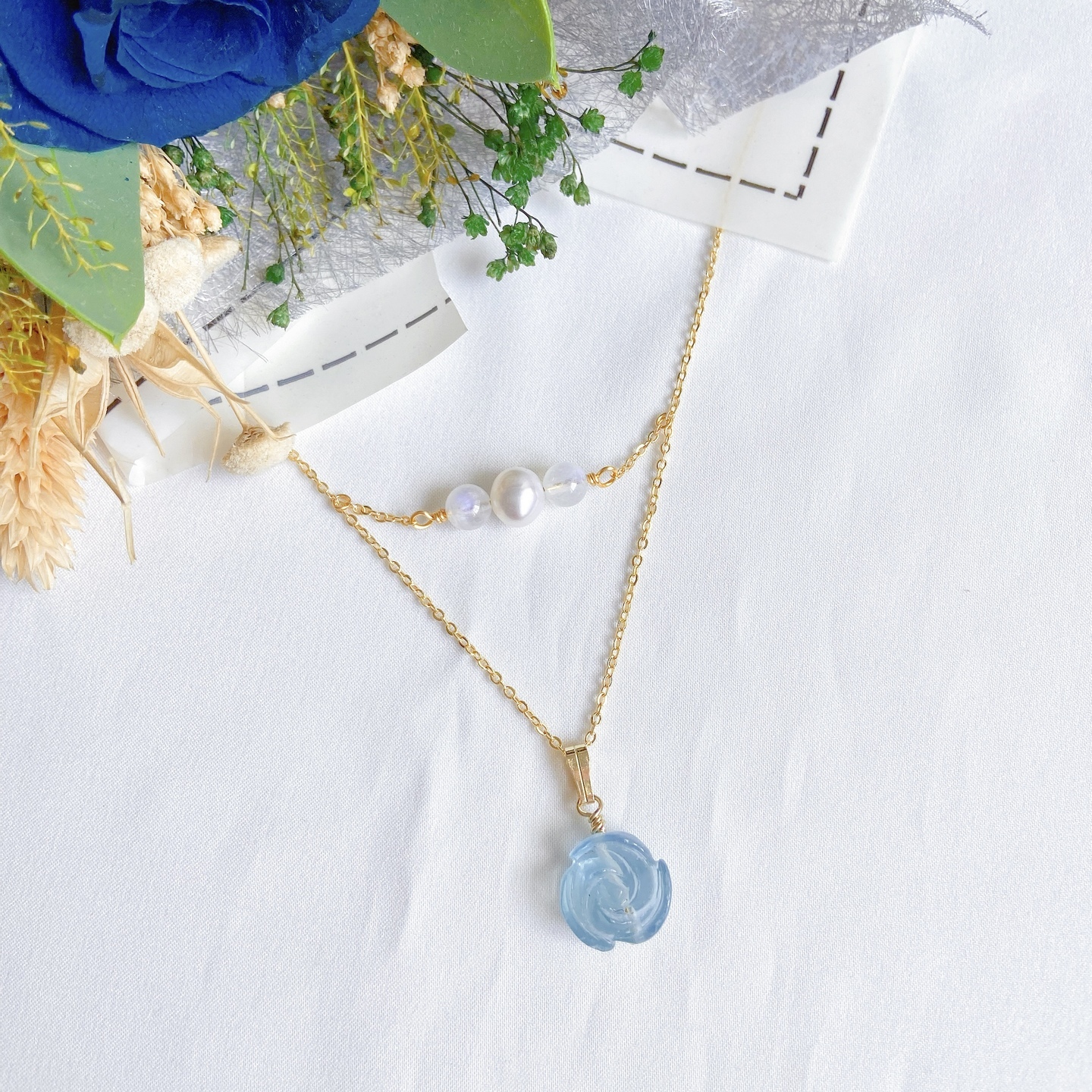 Aquamarine Rosa + Moonstone + Freshwater Pearl Necklace