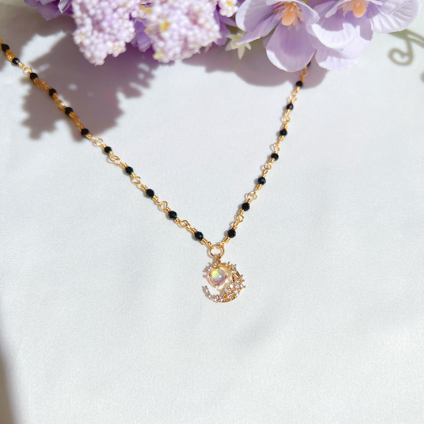 Black Swarovski Necklace With Moonstone Crescent
